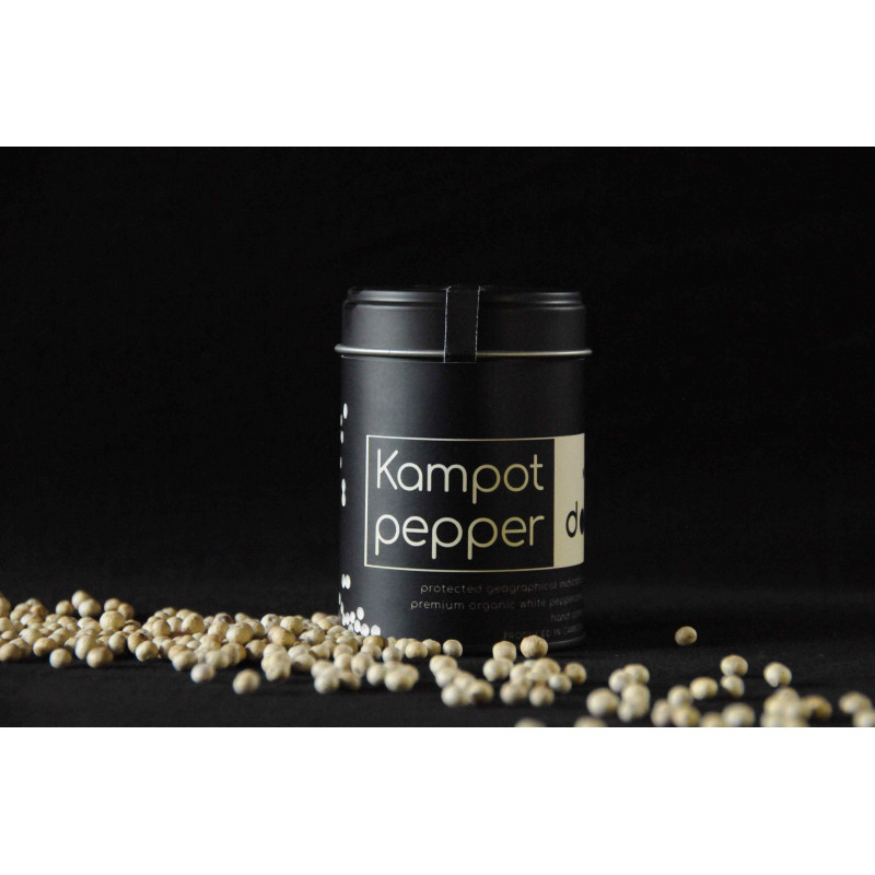 Tin box organic white Kampot pepper